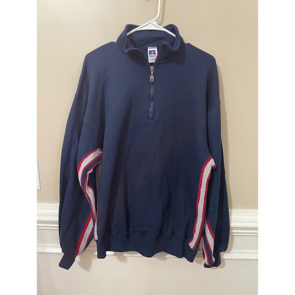 Vtg 90s Russell Athletic 1/4 Zip Sweatshirt Navy Stripe Side Made in USA Mens L